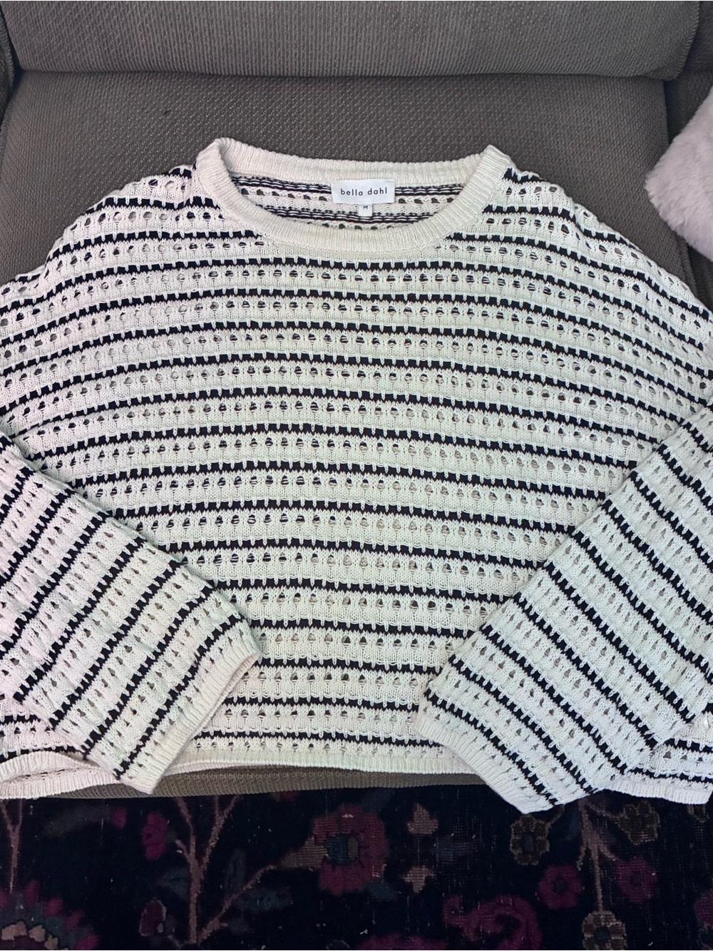 Bella Dahl Cream and Black Open-Knit Crew Sweater